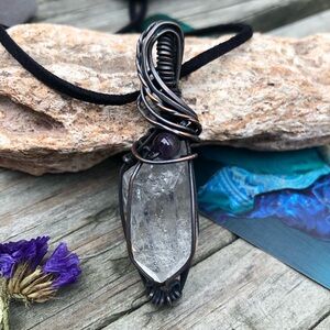 Oxidized Wire Wrapped Clear Quartz Crystal Point Amethyst Pendant Necklace